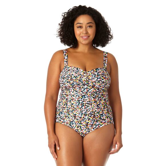 Anne Cole Twist Front Shirred Confetti Multicolor One Piece Swimsuit Plus 18W - Picture 1 of 12